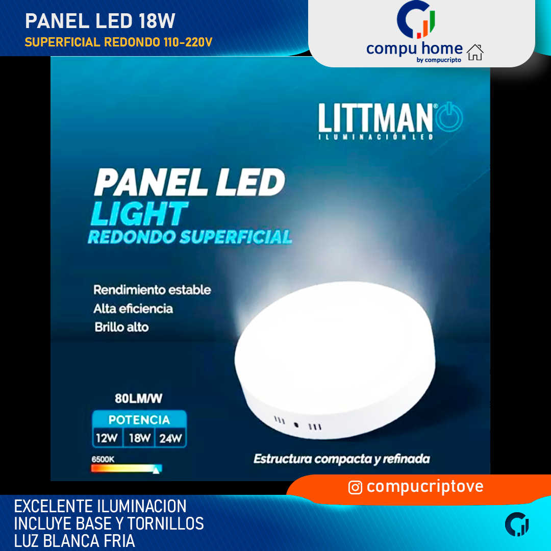 Lampara o Panel LED Superficial Redondo 18W