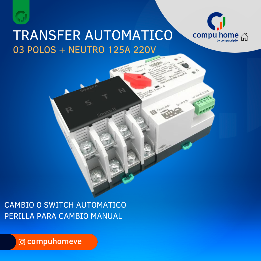 Transfer Switch para Planta Electrica 4 Polos 220V 125A Automatico y Manual