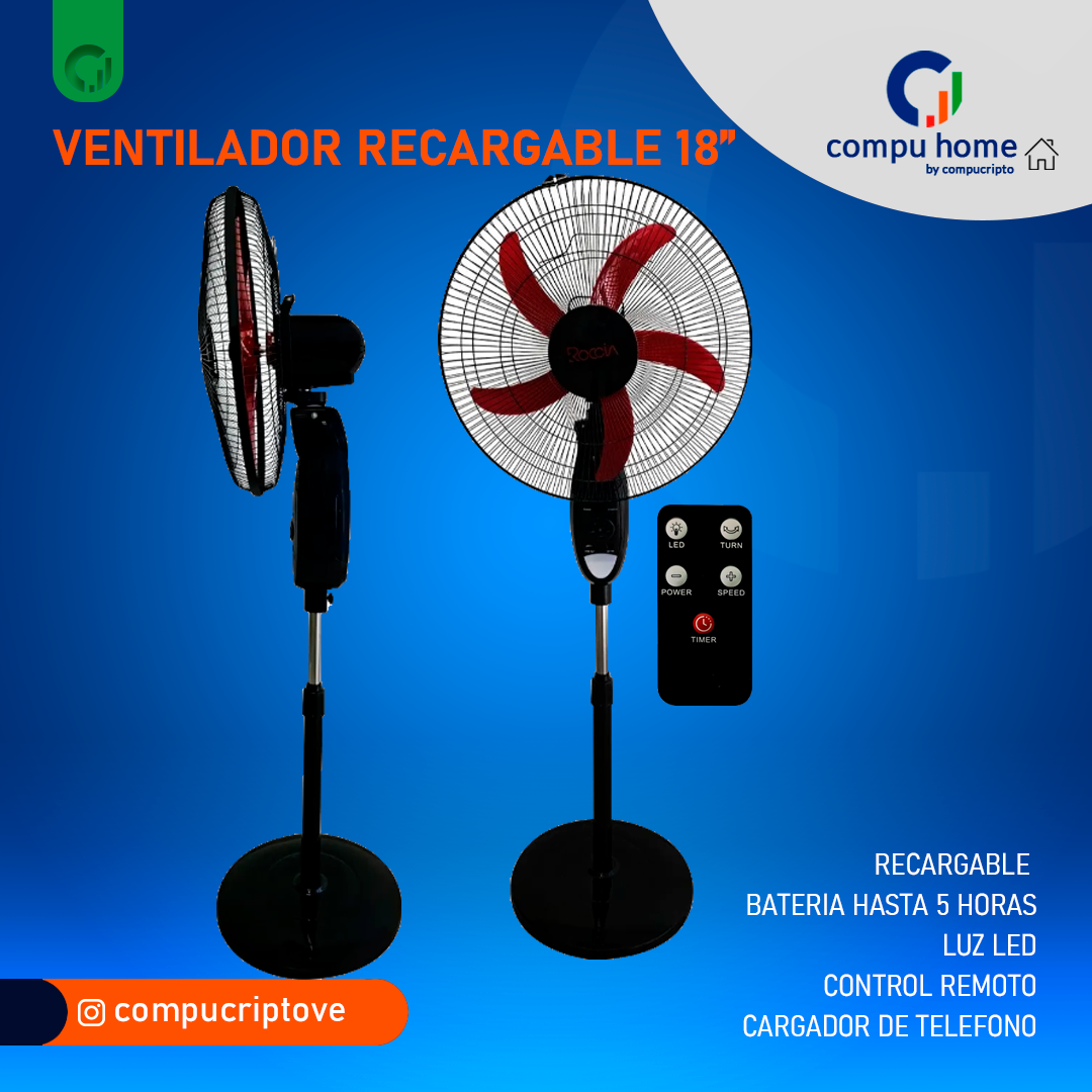 Ventilador Recargable 18 Pulgadas Bateria 4 - 12 Hrs Luz Led