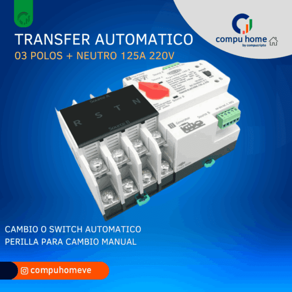 ⚡️⚙️transfer automático 125a 4p: 220v mono/bi/tri, 1 año garantía ✅